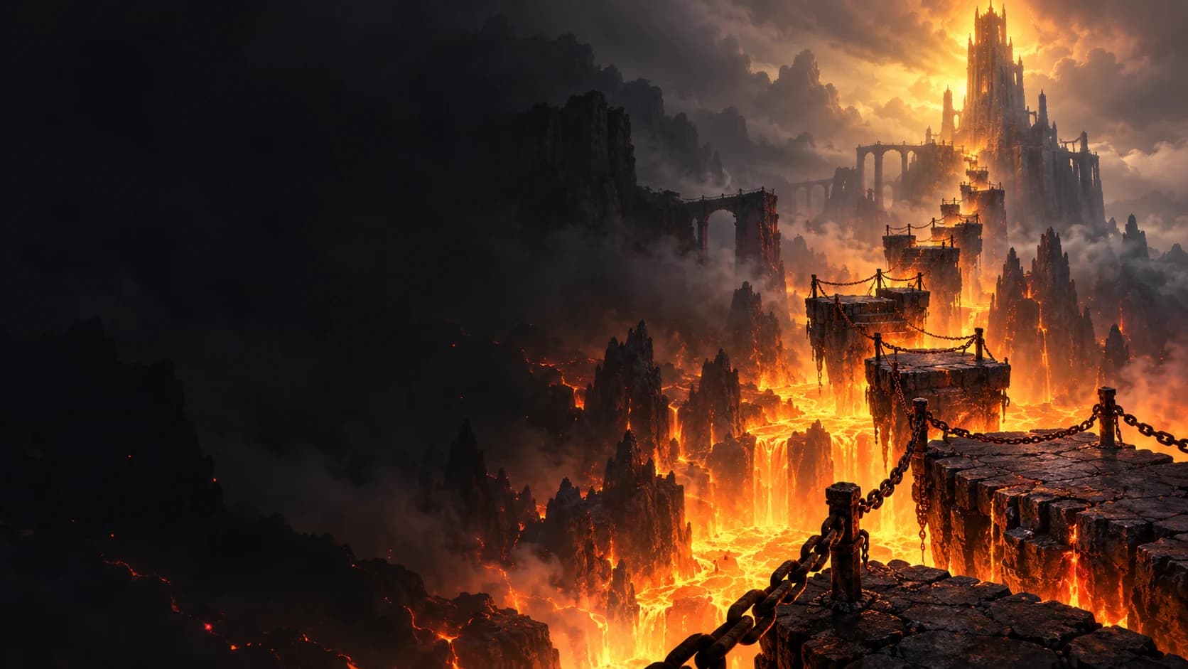 Original illustration of suspended platforms linked by chains over a glowing lava chasm, with a tower rising through mist.